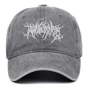 Vintage washed grey cotton baseball cap with white gothic heavy metal embroidery