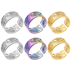 Bague Ouverte Réglable en Acier Inoxydable 304 Feuille Ajourée Minimaliste Ligne Géométrique pour Hommes Femmes Bijoux