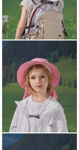 Detailaufnahme von Kinder Sonnenhut mit Nackenschutz und weißer Windjacke im Freien