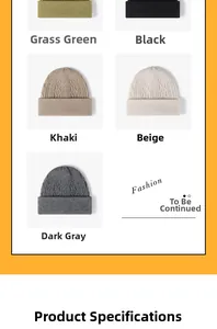 Flat lay of knit beanies in green, black, khaki, beige, and dark grey for winter