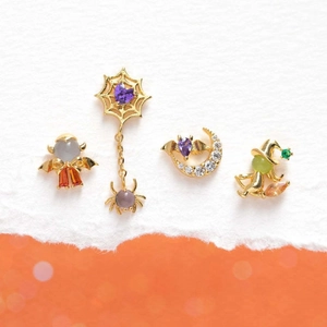 Golden Halloween earring set with purple zircon bat, witch, and spider web charms
