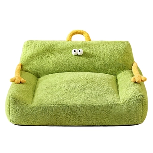 Cama para gatos de peluche monstruo verde y amarillo con suave vellón y asa superior