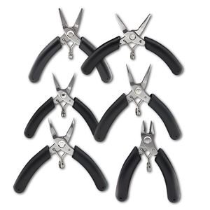 Set of six mini DIY jewelry pliers with black non-slip handles on white background