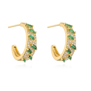Elegant gold plated C-shaped earrings with green emerald-cut stones and clear zircons