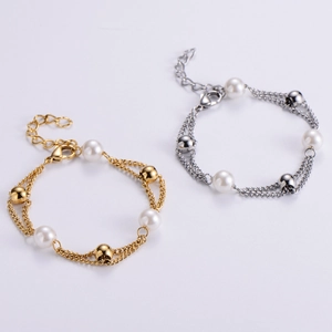 Double-layer gold and silver pearl bracelets with adjustable lobster clasp and metal beads