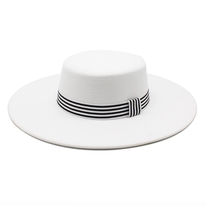 Elegant white wool felt fedora hat with black and white striped ribbon and 10cm wide brim