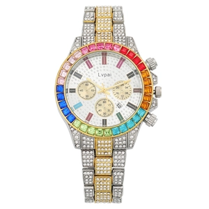 Orologio al quarzo lusso da donna con lunetta arcobaleno e cinturino diamante argento oro