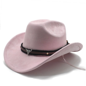 Detail of pink felt cowboy hat with silver bull skull ornament and metallic rivets