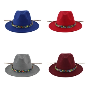 Ethnic wool fedora hats with colorful beaded bands in blue, red, grey, and burgundy