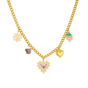 Gold stainless steel necklace with enamel strawberry, heart, and flower charms on white background