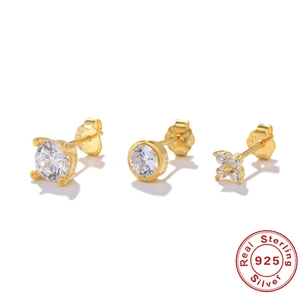 Three pairs of elegant S925 sterling silver gold-plated stud earrings with sparkling crystals