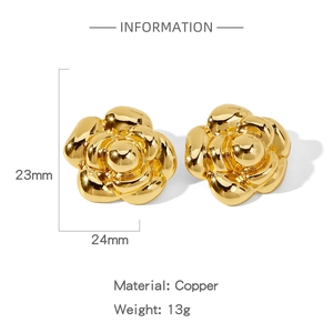 Detailed view of polished gold flower earrings with dimensions 24mm by 23mm