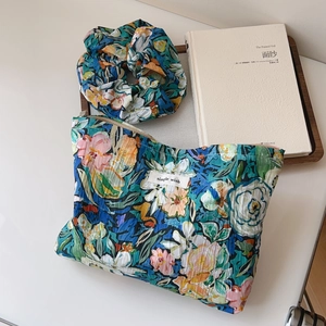 Floral cotton pouch and matching hair scrunchie set with vintage oil painting pattern