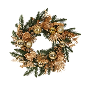 Green and gold Christmas wreath with festive pine needles and elegant metallic ornaments