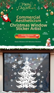 Detail of white Christmas tree window sticker with snowflakes and festive UV patterns