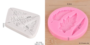 Detail of leaf-shaped silicone molds showing dimensions for DIY fondant and resin crafts