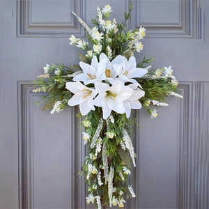 Artificial Lily Flower Cross Wreath Satin White Lilies Greenery Door Hanging For Easter Wedding Religious Memorial Decor