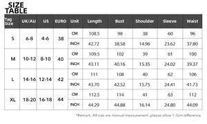 Detailed size chart for women casual long sleeve coat with EU, US and UK measurements