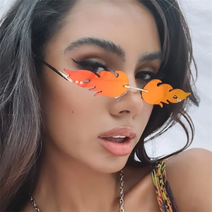 Unique flame-shaped rimless sunglasses with orange reflective lenses and silver metal temples