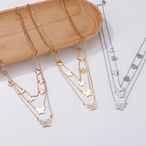 Polished multi-layer stainless steel butterfly pendant necklaces in gold, rose gold and silver
