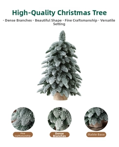 Close-up of snow-flocked PE needles and stable wooden base of a mini Christmas tree