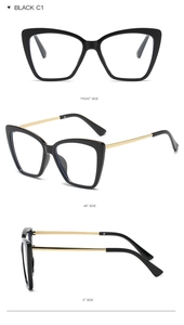Black cat-eye blue light glasses shown in front, 45-degree, and side profile views