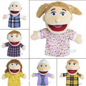 Detail of soft plush family hand puppets set including grandparents and children figures