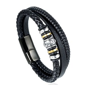 Men Multi Layer Braided Leather Bracelet Stainless Steel Beads Star Moon Cross Pattern Magnetic Clasp Ethnic Punk Fashion Accessory
