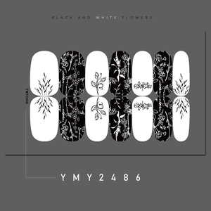 Detailed sheet of YMY2486 nail stickers featuring black and white floral plant patterns