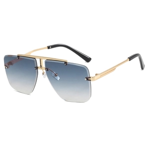 Frameless polygonal sunglasses with gold metal frame and blue-grey gradient lenses