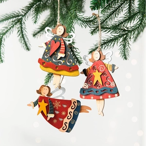 Christmas Angel Hanging Ornaments Painted Wood Cutout Stars Hearts Rustic Holiday Tree Decor Nordic Style Pendants