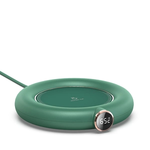 Smart USB heating coaster in green with digital touch display showing 65 degrees
