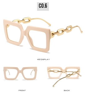 Three views of beige square glasses frame featuring golden metal chain temple design