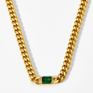 Vintage stainless steel gold Cuban chain necklace with an emerald green zircon pendant