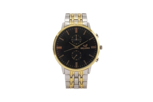 Detail of ORLANDO quartz watch featuring a black dial and dual-tone metal strap