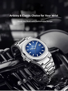 Close-up of stainless steel business watch with blue textured dial and date window