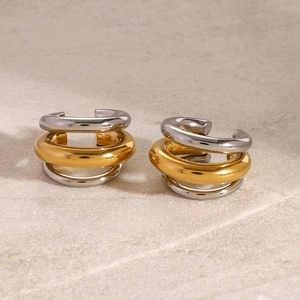 Boucles d'oreilles ear cuff géométriques en acier inoxydable bicolore or et argent