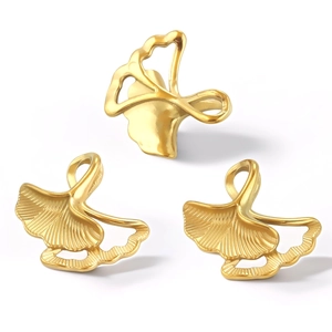 Polished gold stainless steel ginkgo leaf pendants with detailed vein texture for jewelry