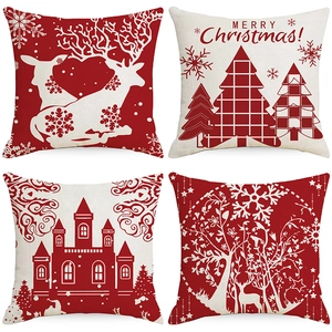 Christmas Cushion Cover Linen Pillowcase Reindeer Snowflake Tree Print Square Holiday Sofa Home Couch Decor Modern
