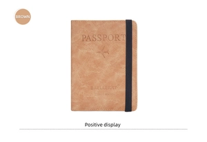 Detailed front view of brown textured leather RFID passport wallet with elastic strap