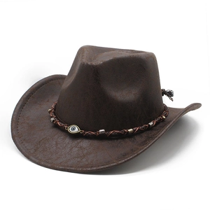 Cappello da cowboy western in pelle scamosciata marrone scuro con trama vintage e perline