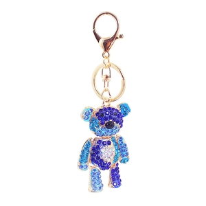 Colorful crystal teddy bear keychain with blue rhinestones and gold-tone metal ring