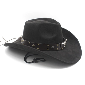 Detail of black suede cowboy hat with leather band, metallic studs and ox head ornament