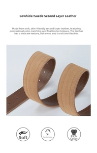 Vue détaillée d'une ceinture en cuir de vachette marron mat avec coutures fines et texture souple