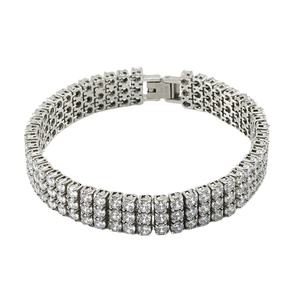Three-row iced out stainless steel hip hop bracelet with sparkling clear zircon stones