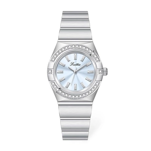 Women's quartz watch with silver stainless steel strap and light blue diamond bezel dial