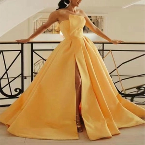 Strapless Satin Evening Gown Elegant Floor Length High Slit Banquet Party Formal Dress For Women