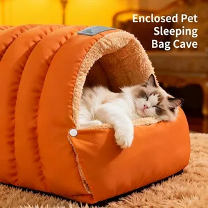 Quilted orange semi-enclosed pet sleeping bag with thick warm plush lining for cats