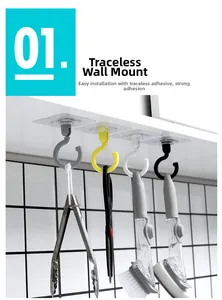 Rotating adhesive hooks in four colors showing strong load capacity in kitchen usage