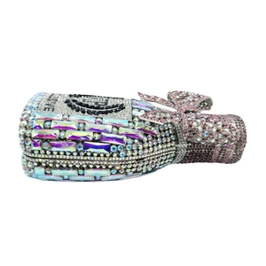 Luxury champagne bottle clutch bag with purple crystals and sparkling bow decoration